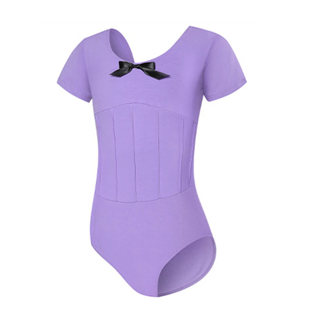 girl's purple short sleeved ballet leotard with black bow on front