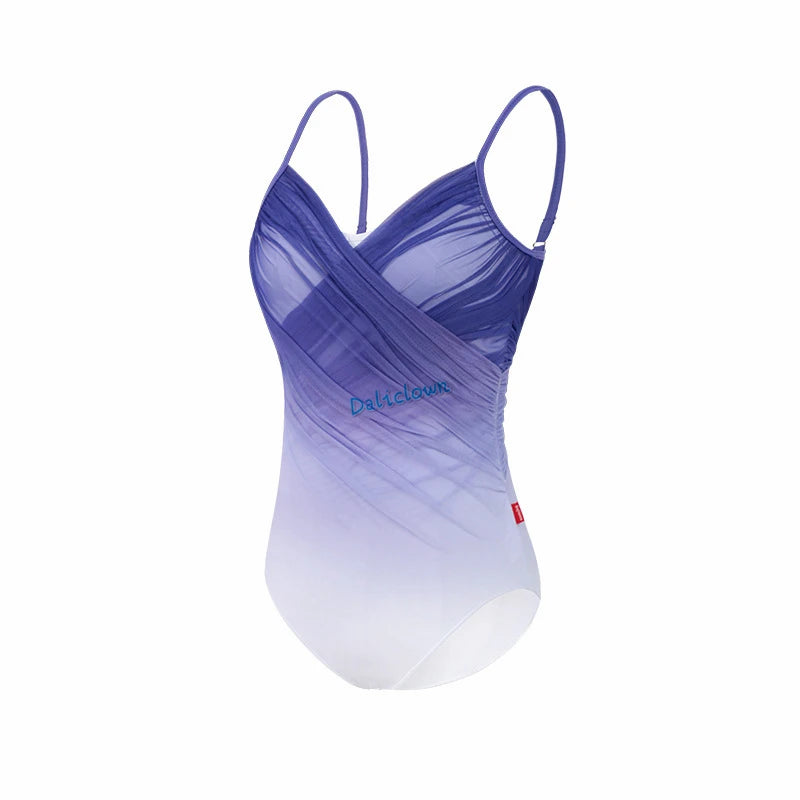 front of blue crossover camisole leotard