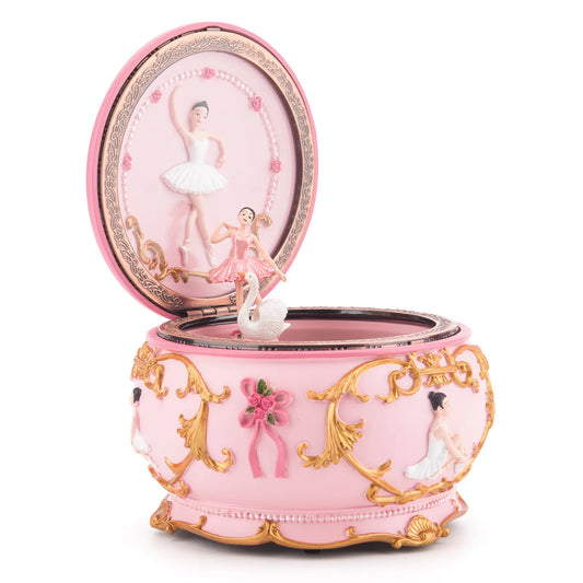 Круглая музыкальная шкатулка в форме балерины розового цвета