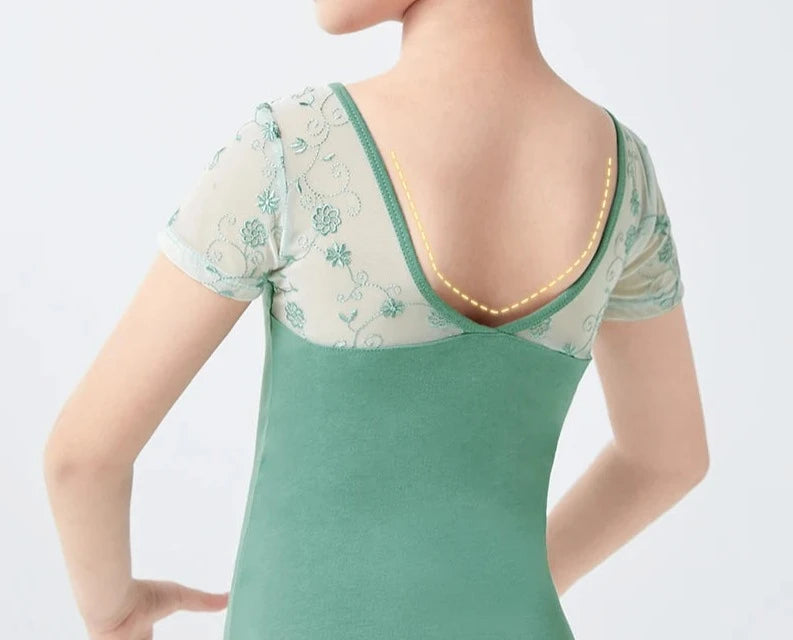 Girl's green and floral mesh leotard