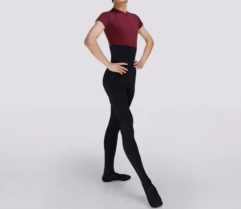 front of male ballet dancer wearing black and maroon unitard
