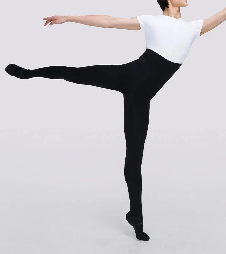 front of man wearing a black and white ballet unitard