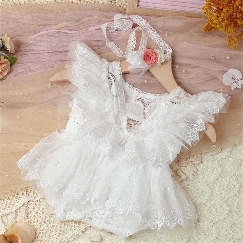 robe tutu en dentelle blanche avec bandeau assorti