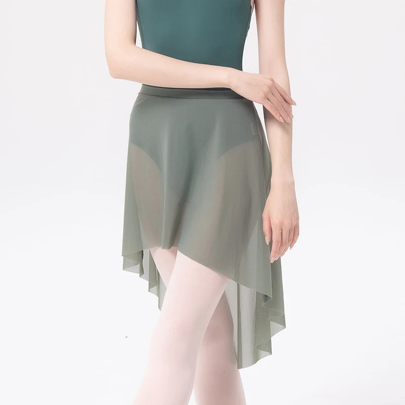 front of woman wearing an olive green ballet skirt