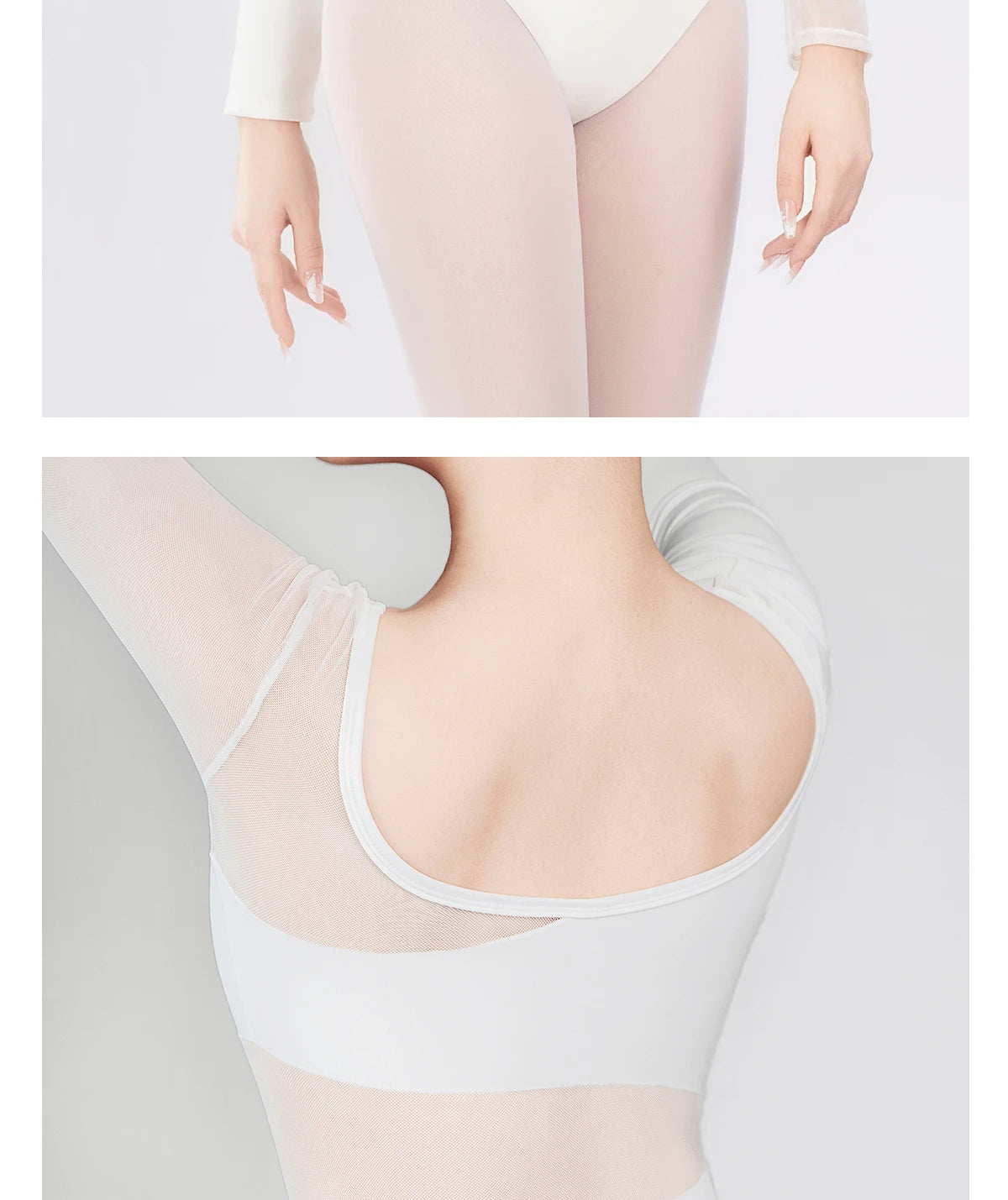 Nahaufnahme einer Person in einem durchsichtigen weißen Body vor hellgrauem Hintergrund.