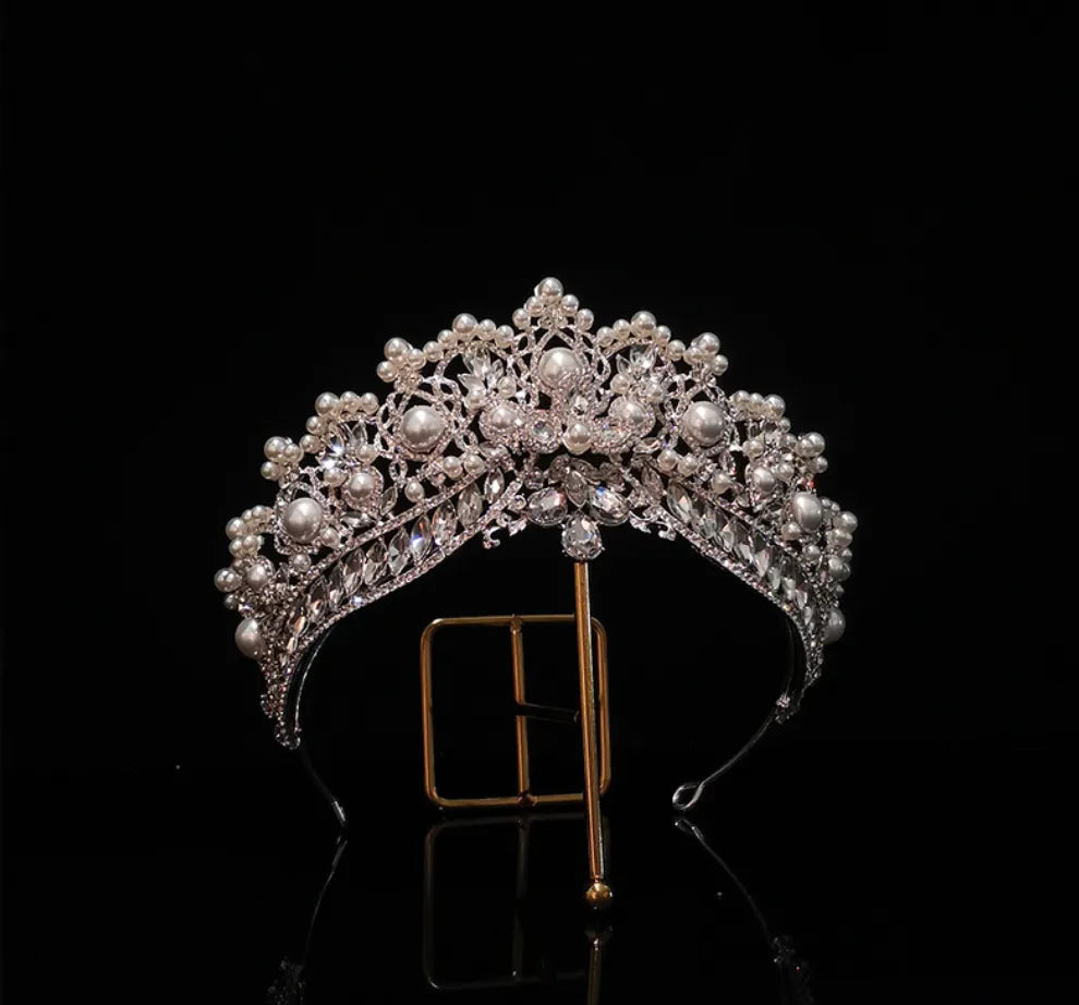 front of crystal and pearl tiara