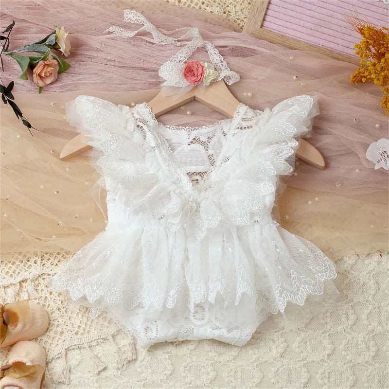 robe tutu en dentelle blanche avec bandeau assorti