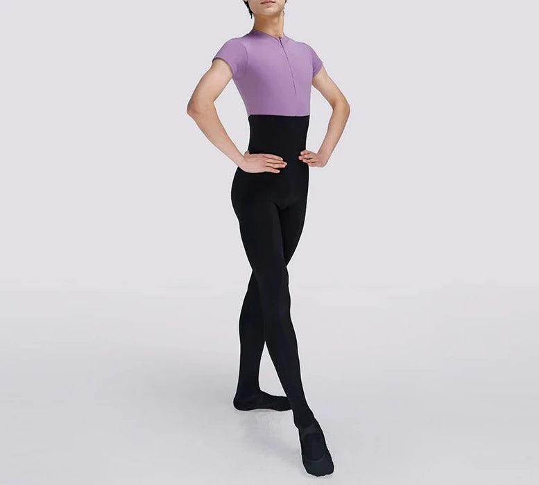 devant d'un danseur de ballet masculin portant une combinaison noire et violette