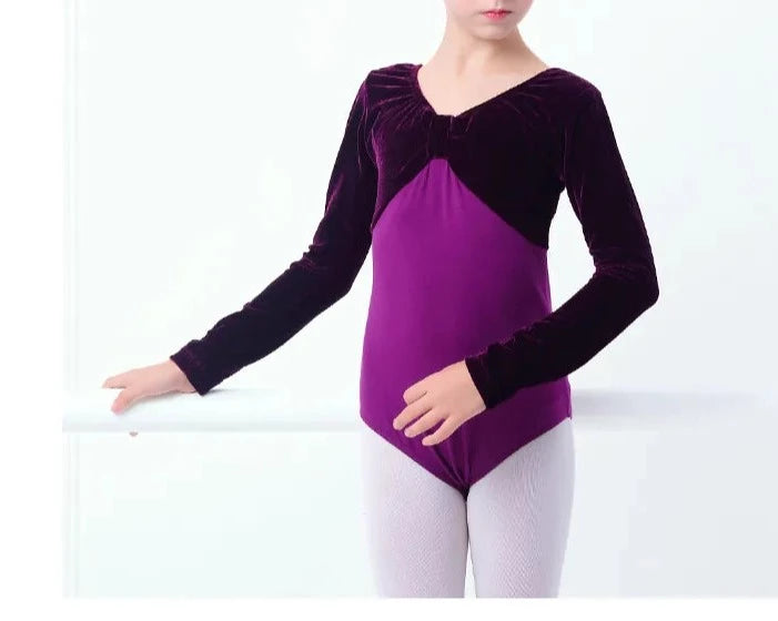 plum pinched front long sleeve velvet girl's bodysuit leotard