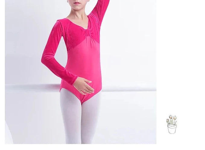 hot pink pinched front long sleeve velvet girl's bodysuit leotard