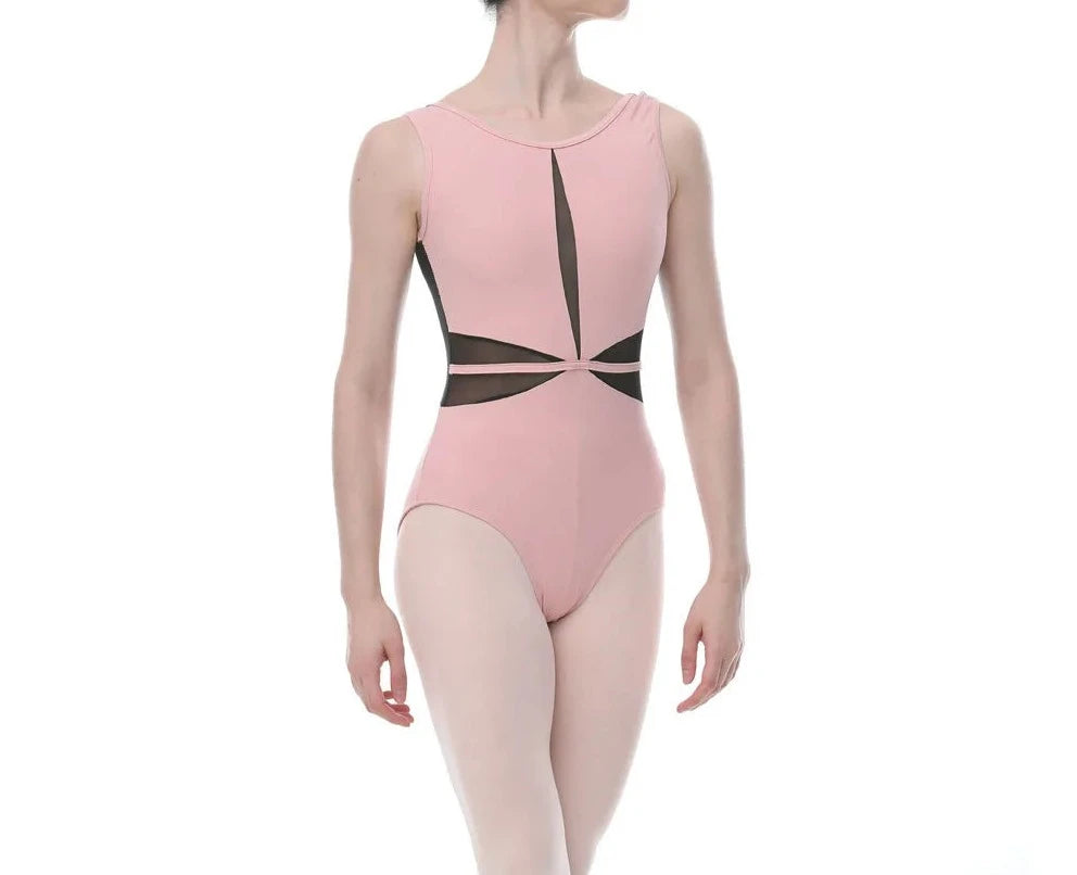 Pink tank leotard with black mesh