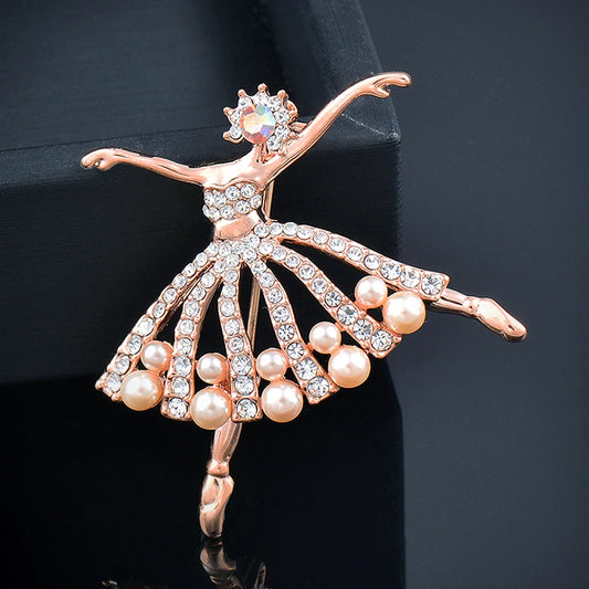 Broche de ballerine en or rose et épingle de sac de danse en zircone cubique et fausses perles