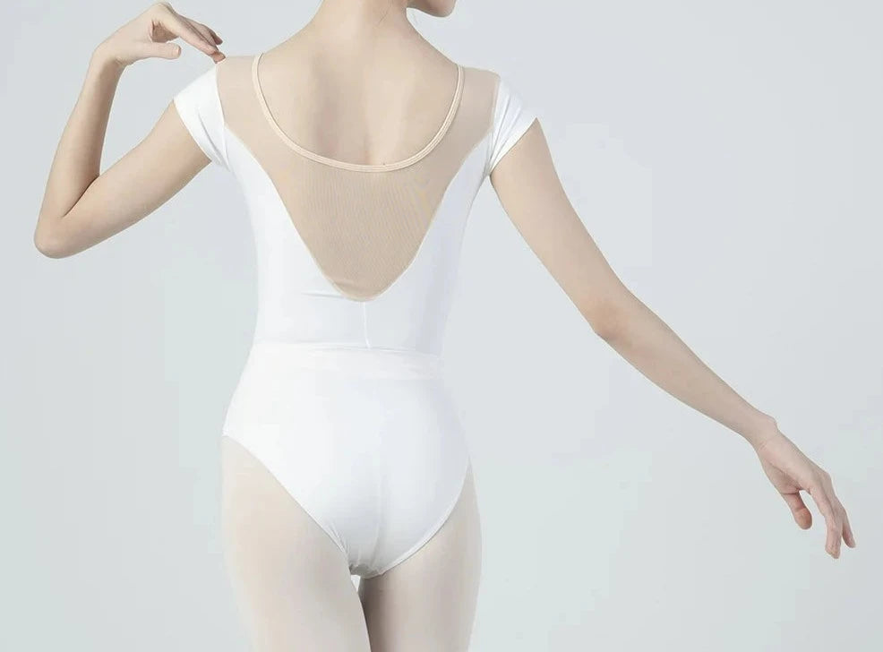 back of woman wearing  a white short sleeve leotard