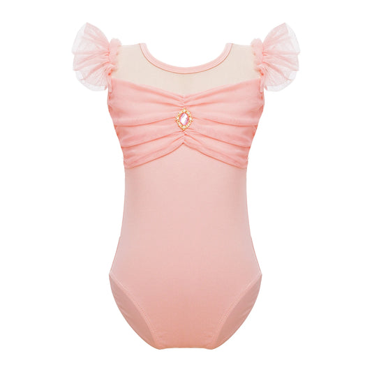front of pink girls bodysuit leotard with jewel