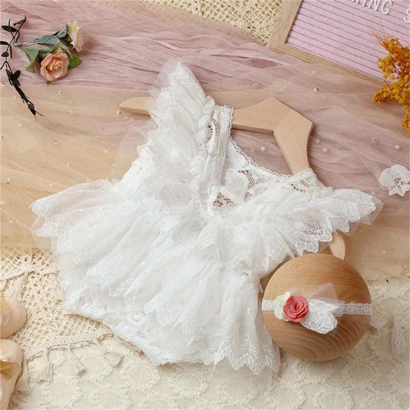 robe tutu en dentelle blanche avec bandeau assorti