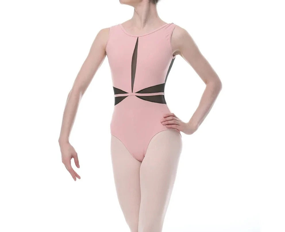 Pink tank leotard with black mesh