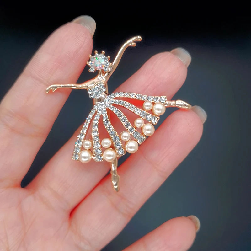 Rose gold ballerina brooch pin and dance bag pin made with cubic zirconia and faux pearls