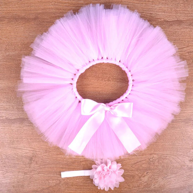 Tutu de balé rosa para bebê com faixa de flores