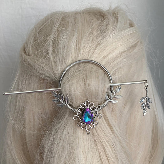 metal stick pin bun holder with borealis crystal
