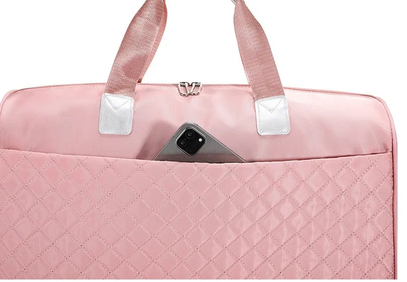 side of quilted pink dance bag sports bag