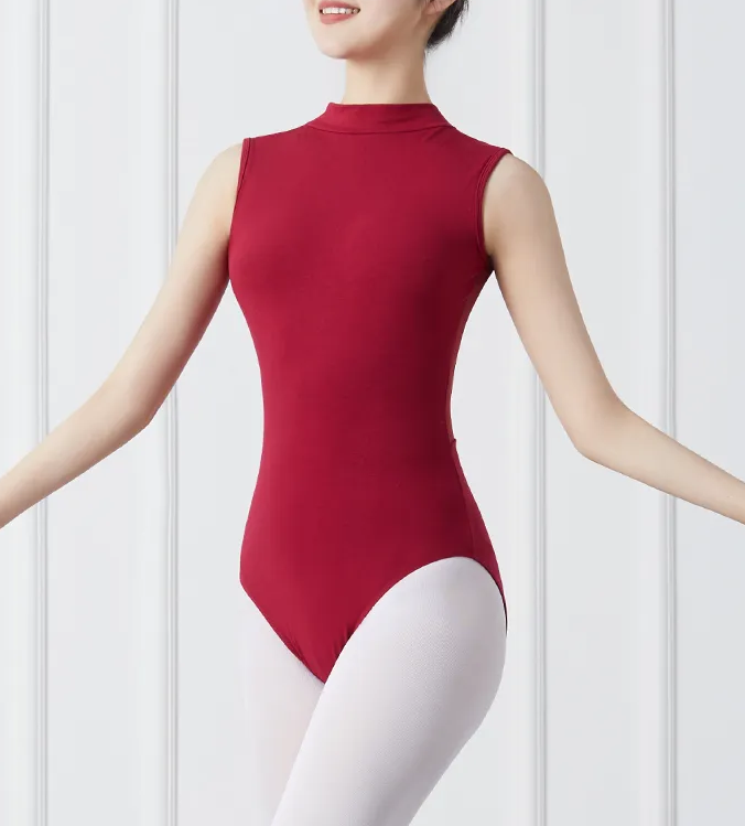 front of woman wearing high neck red sleeveless leotard
