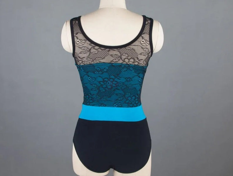 Back of a turquoise leotard with black lace overlay on a mannequin