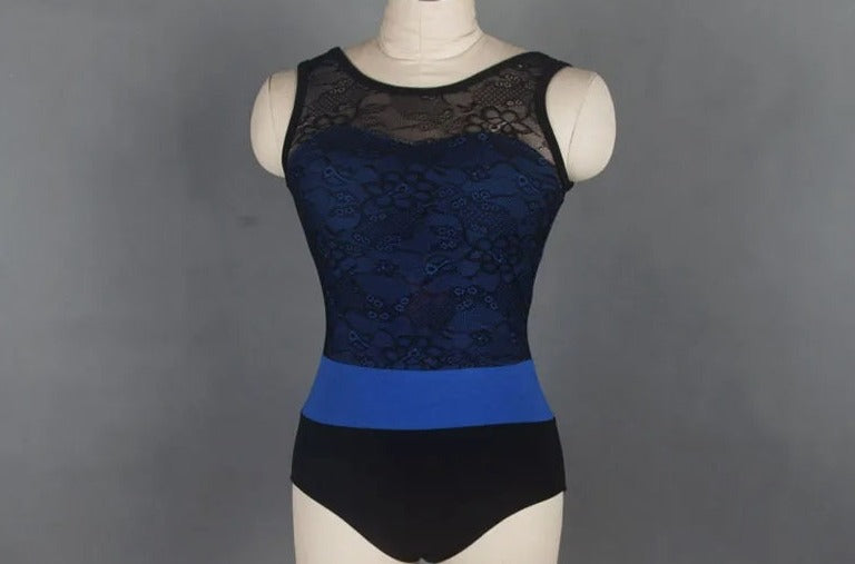 royal blue tank leotard with lace overlay