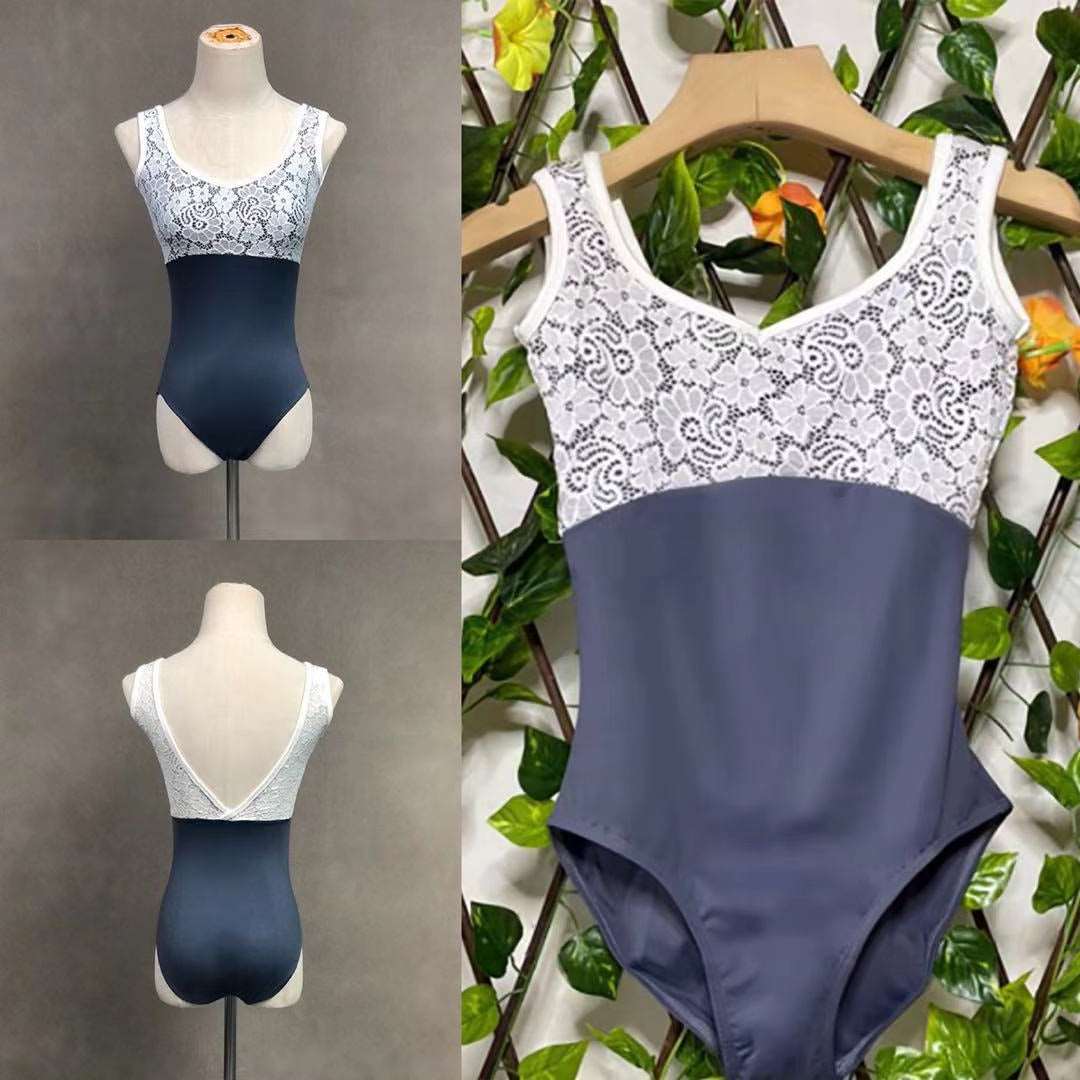 blue tank leotard with lace