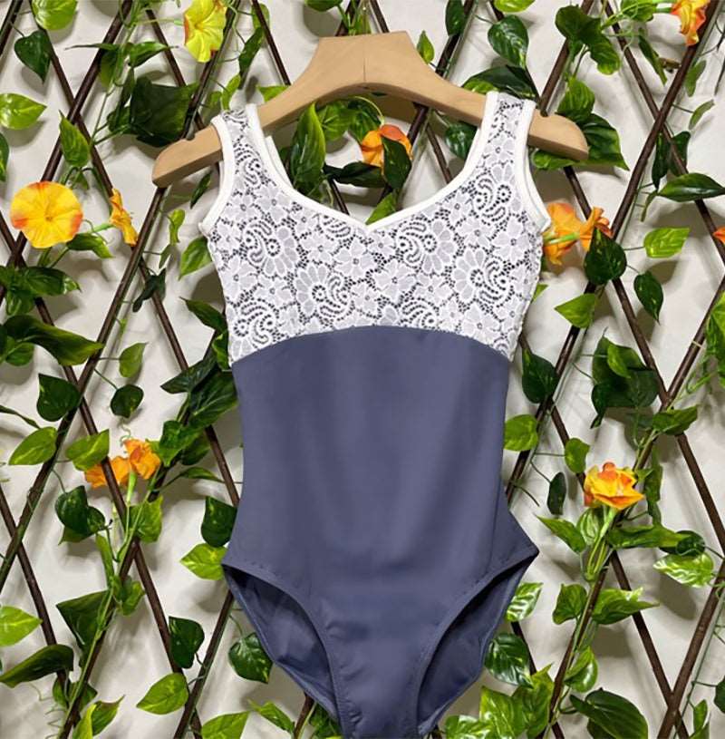 front of blue tank leotard with lace.