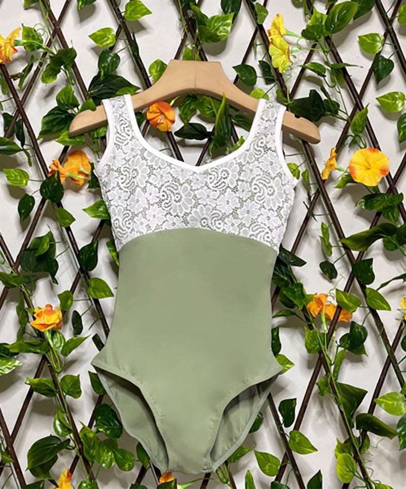 front of olive green tank leotard with lace