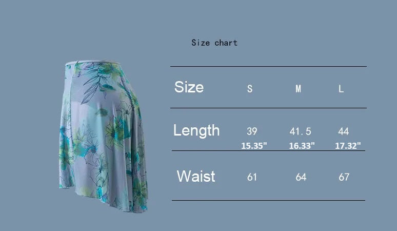 size chart for blue and green floral ballet skirt