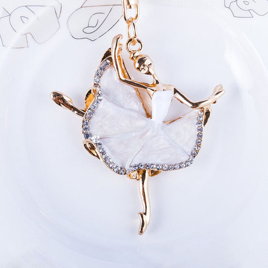 enamel and rhinestone ballerina key chain in white
