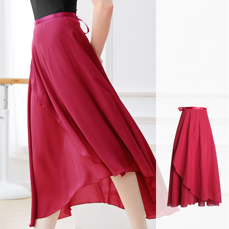 woman wearing long red chiffon ballet skirt