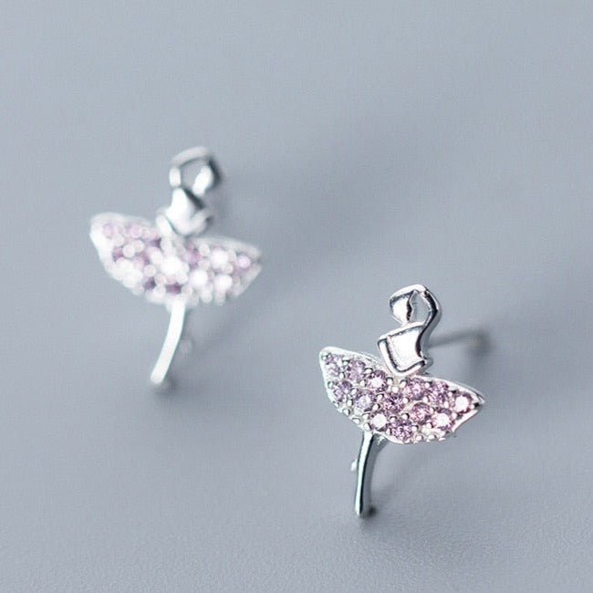 pink crystal silver ballerina earrings