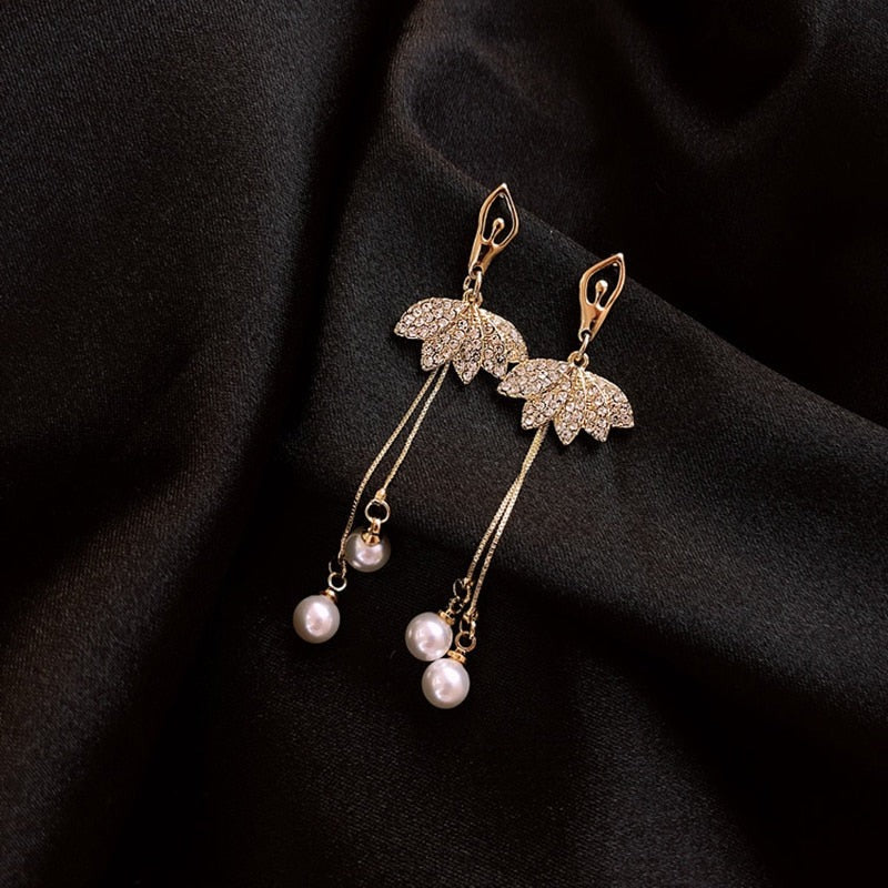 Rhinestone and faux pearl ballerina drop earrings