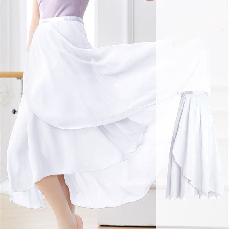 woman wearing long white chiffon ballet skirt