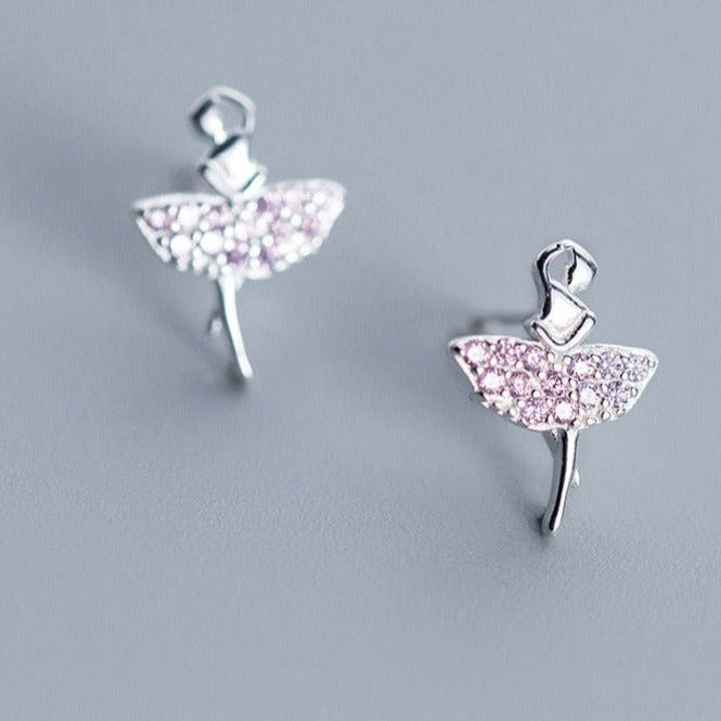 silver ballerina earrings with pink crystals