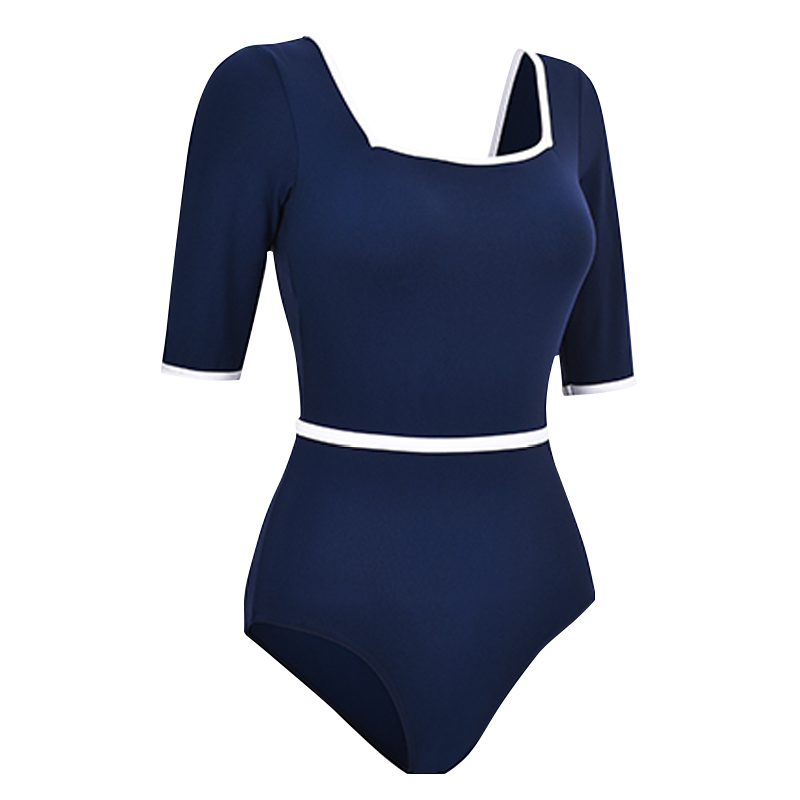 front of navy blue 3/4 sleeve leotard with white trim