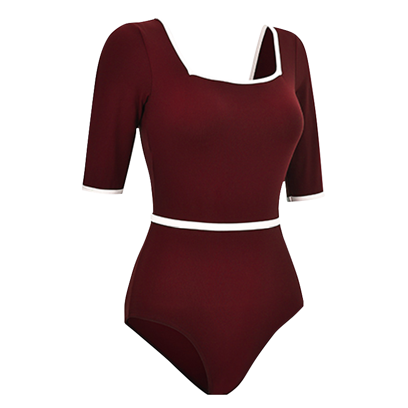 front of maroon 3/4 sleeve leotard with white trim