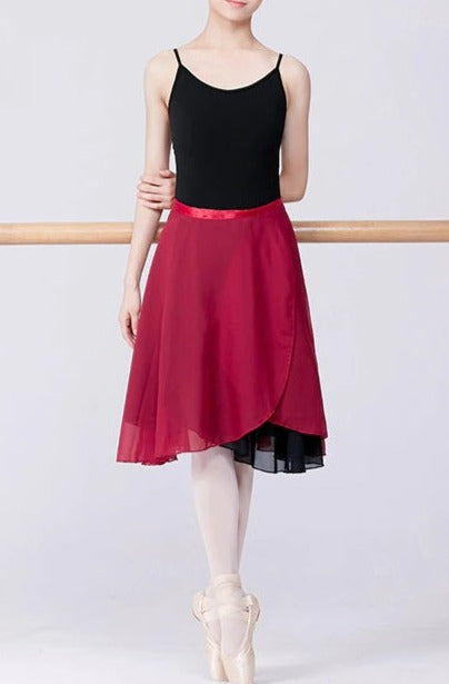 woman wearing chiffon two layered ballet skirt black and maroon