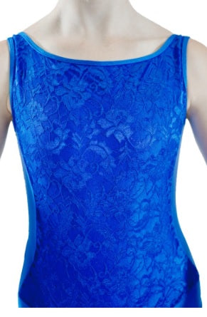 front of royal blue tank leotard with lace overlay