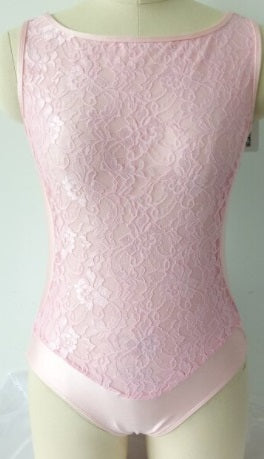 front of pink tank leotard with lace overlay