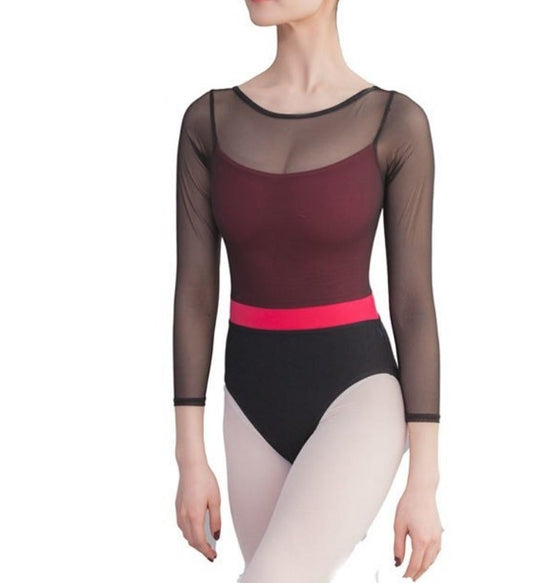 Front of Black mesh 3/4 sleeve leotard with underlying hot pink camisole.