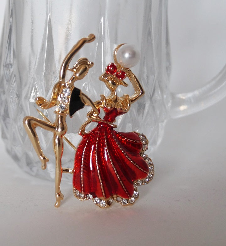 front of ballet character dance brooch pin hijab red and gold