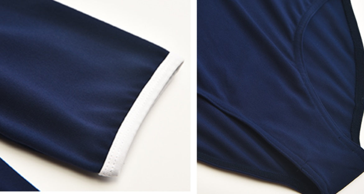 blue 3/4 sleeve leotard with white trim