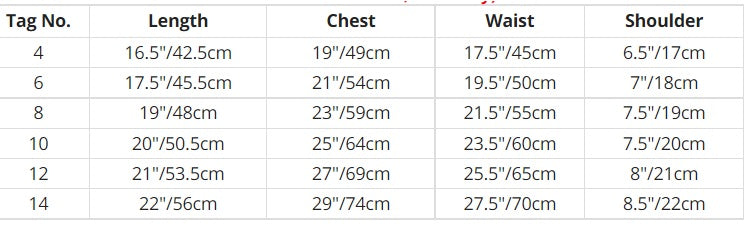 size chart for black and white tank leotard for children