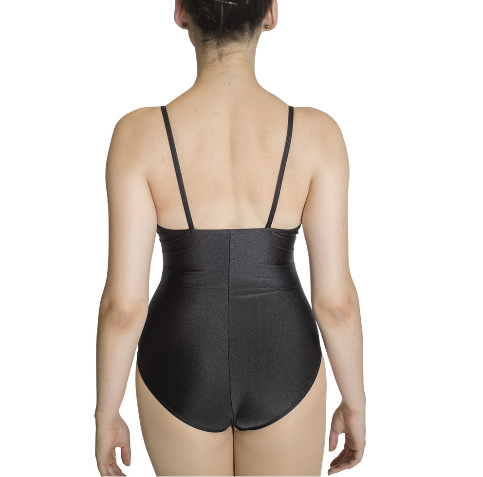 back of woman wearing black and floral camisole leotard