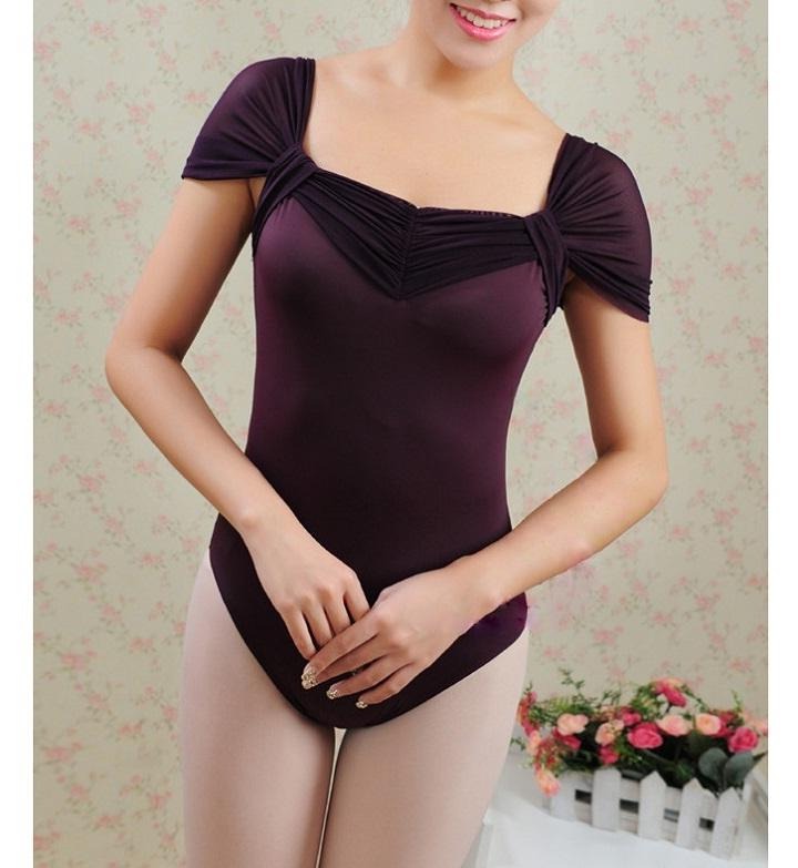 front of woman wearing plum colored off the shoulder ballet letoard