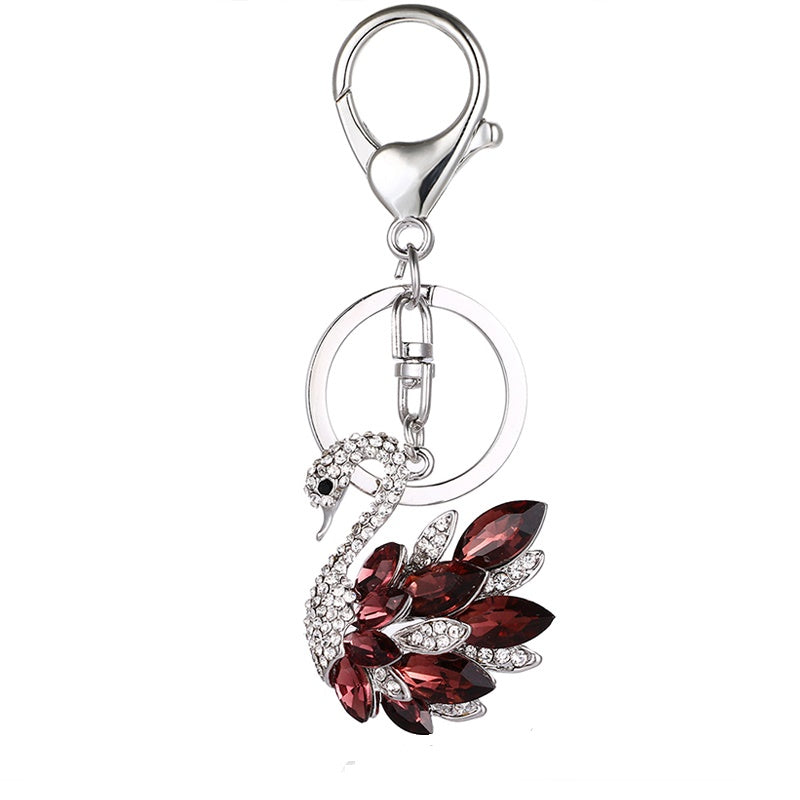 front of burgandy crystal swan keychain