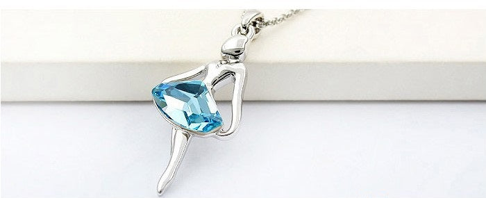 blue crystal ballerina necklace silver tone